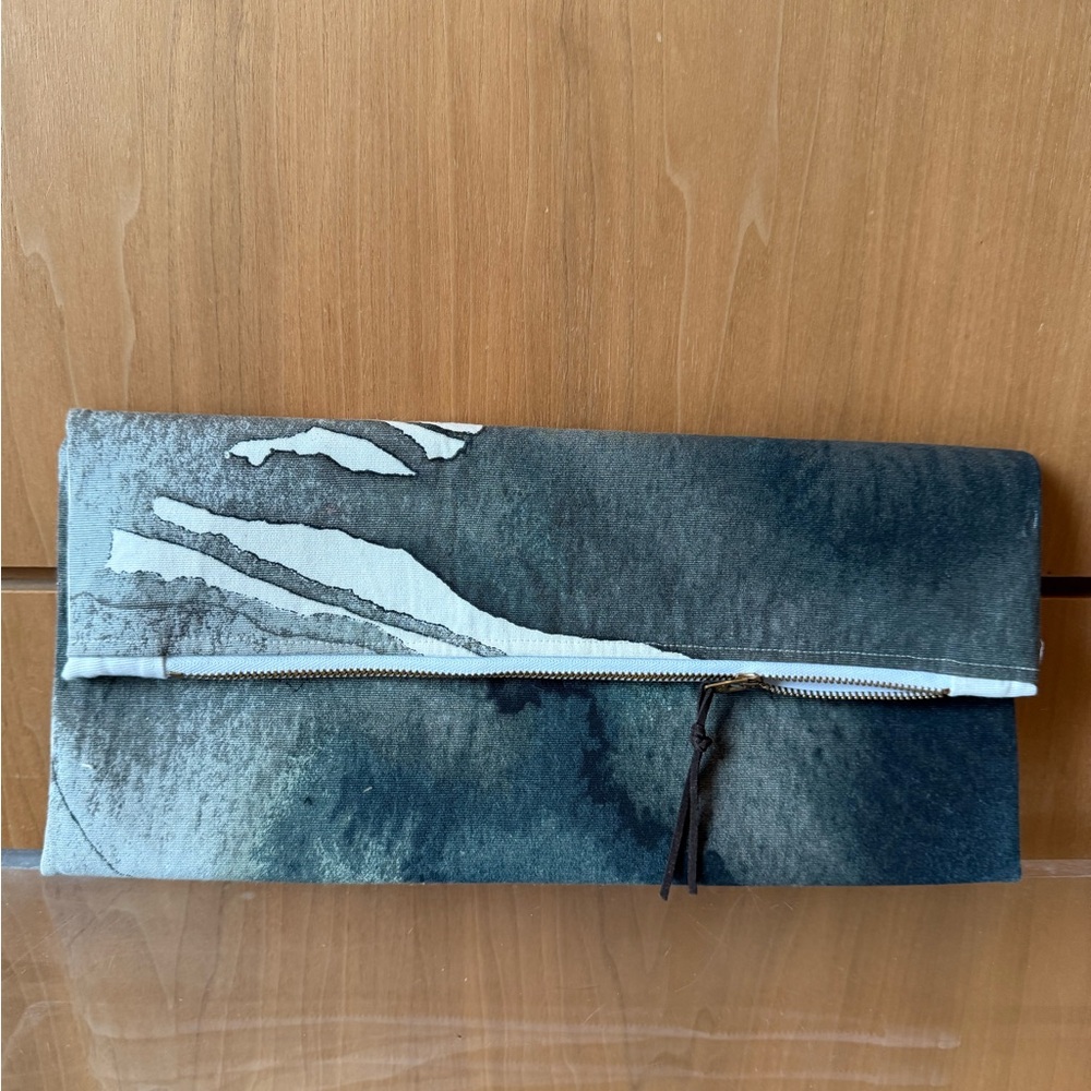 NWOT Abstract Slate Blue and Grey Silkscreen Handmade Clutch